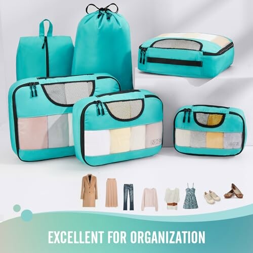 Turquoise travel packing cubes and bags for organization.