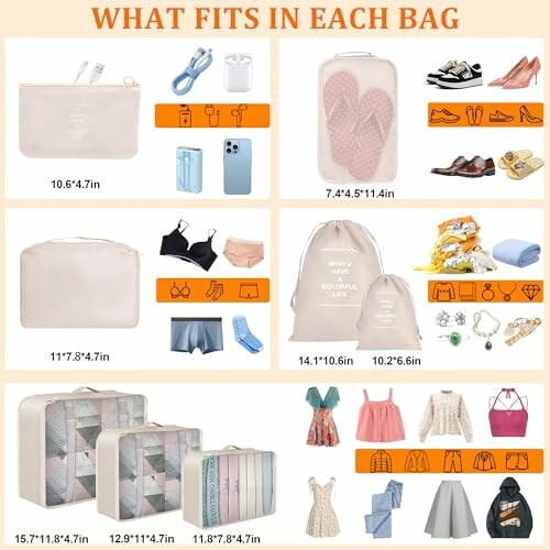 Image showing what fits in different travel bags with clothes and accessories.