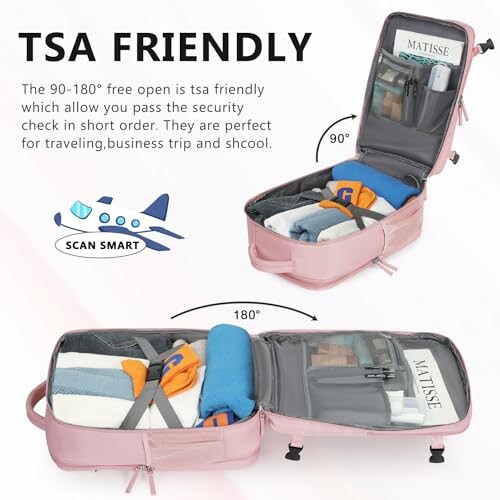 Open pink suitcase displaying organized travel items with TSA-friendly feature.