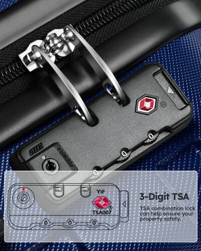 Close-up of a TSA combination lock on a blue suitcase.