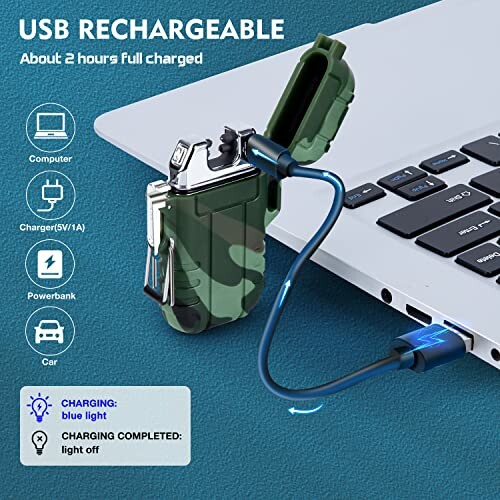 USB rechargeable lighter connected to a laptop with charging status indicators.