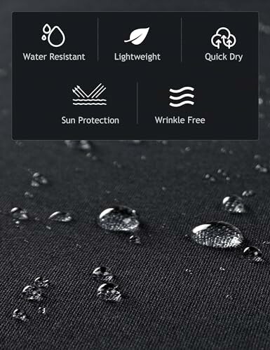 Water-resistant fabric with features: lightweight, quick dry, sun protection, wrinkle free.