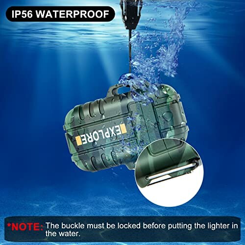 Waterproof case submerged in water with IP56 rating.