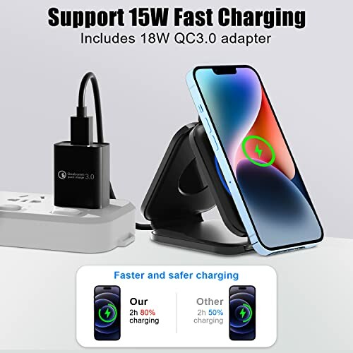 Wireless charger with phone and adapter demonstrating fast charging capability.