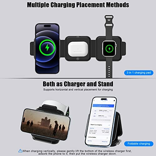 Wireless charging stand for phone, earbuds, and watch with multiple placement options.