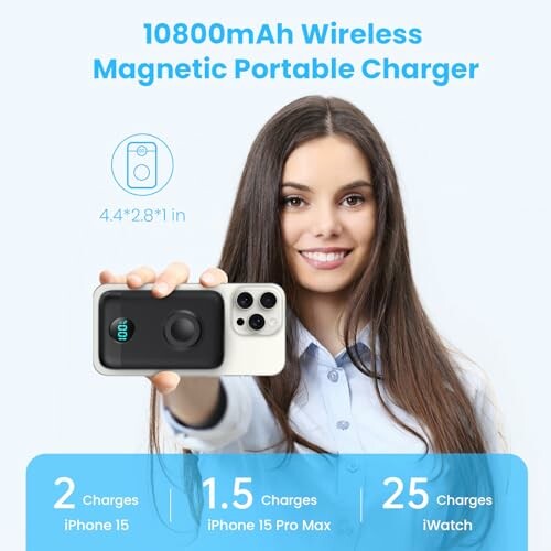 Woman holding 10800mAh wireless magnetic portable charger with iPhone.