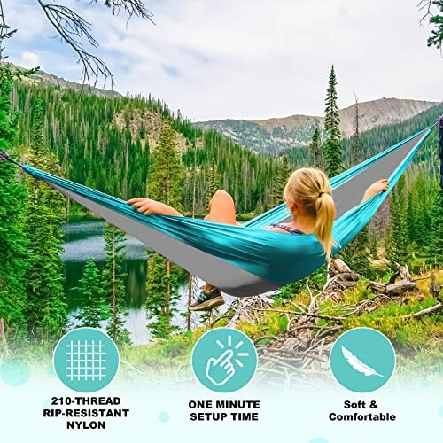 Woman relaxing in a hammock overlooking a mountain lake with text highlights on durability and comfort.