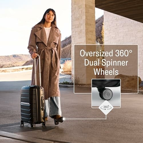 Woman with suitcase featuring oversized 360ÃÂÃÂÃÂÃÂÃÂÃÂÃÂÃÂÃÂÃÂÃÂÃÂÃÂÃÂÃÂÃÂ° dual spinner wheels