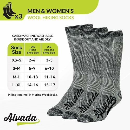 Three pairs of Alvada wool hiking socks for men and women in various sizes.