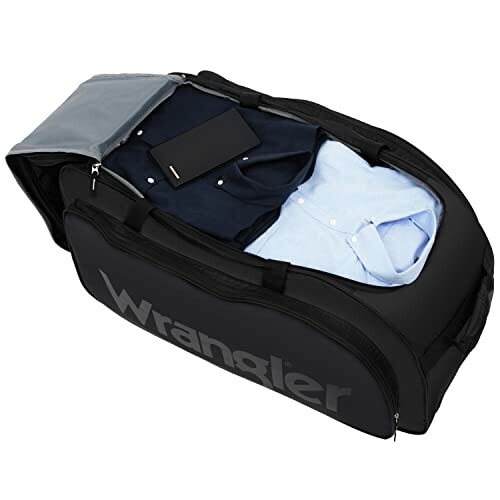 Open black Wrangler garment bag with clothes inside.